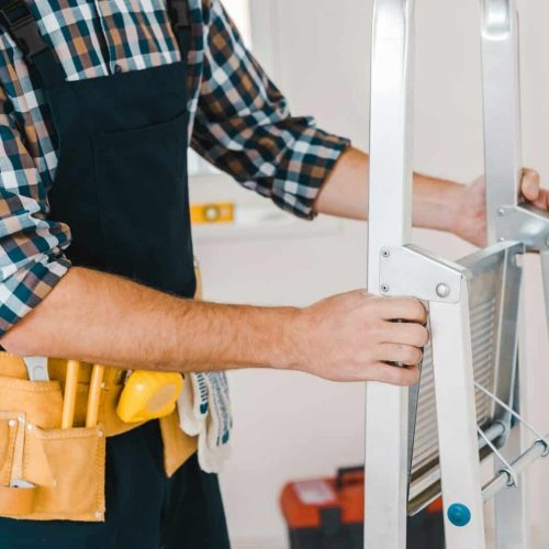 cropped view of handyman holding ladder in room